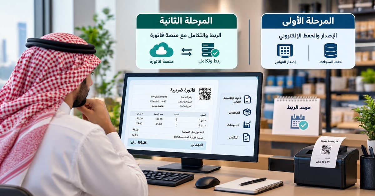 صاحب منشأة سعودية يتحقق من متطلبات الربط مع منصة فاتورة على شاشة حاسوب
