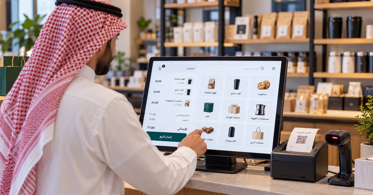 تاجر سعودي يقارن بين برامج الكاشير على شاشة حاسوب داخل متجر