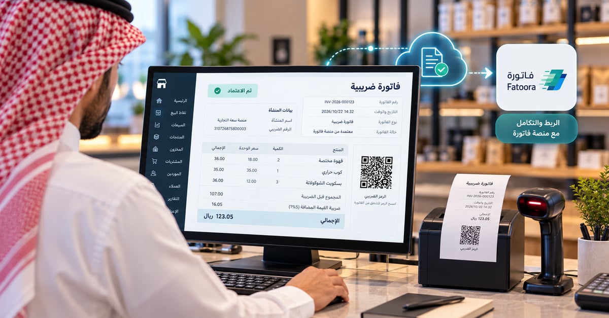 برنامج فوترة إلكترونية على شاشة حاسوب مع فاتورة ضريبية ورمز QR داخل متجر سعودي
