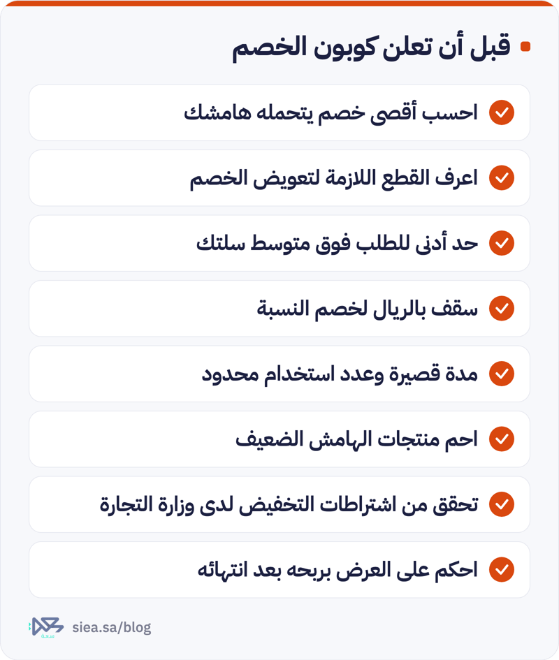 قائمة تحقق من ثمانية بنود قبل إعلان كوبون الخصم: حساب أقصى خصم والقطع اللازمة للتعويض، وحد أدنى للطلب، وسقف بالريال، ومدة قصيرة وعدد محدود، وحماية منتجات الهامش الضعيف، والتحقق من اشتراطات وزارة التجارة، والحكم على العرض بربحه