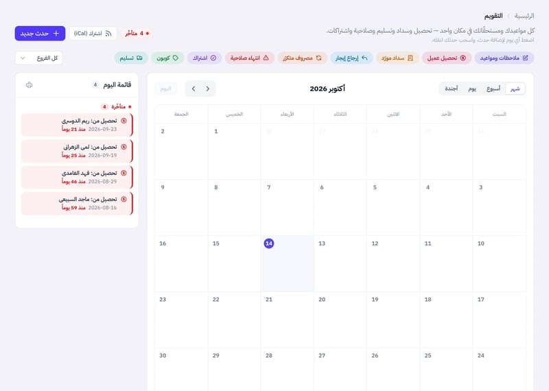 صفحة التقويم تعرض شهرا كاملا، وشريط أنواع المواعيد أعلاه، وقائمة اليوم بمواعيد التحصيل المتأخرة