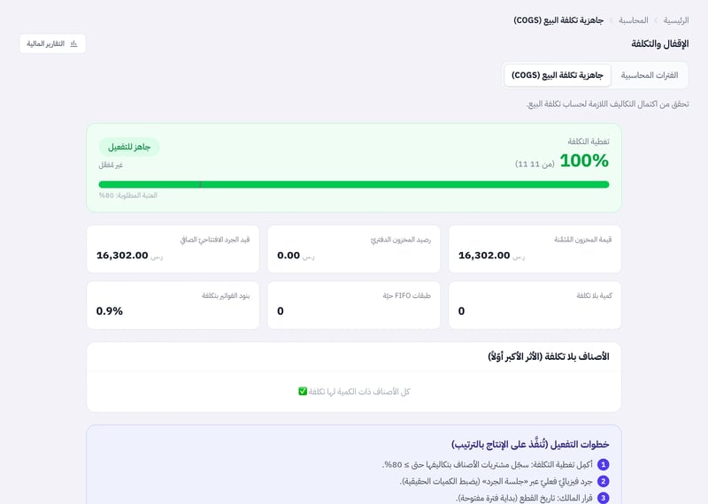 صفحة جاهزية تكلفة البيع وفيها نسبة تغطية التكلفة وشريط العتبة المطلوبة 80 بالمئة وحالة التفعيل، وبطاقات قيمة المخزون، وقائمة الأصناف بلا تكلفة