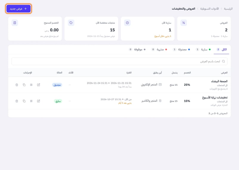 صفحة العروض والتخفيضات فيها بطاقات الأرقام وقائمة العروض وزر عرض جديد
