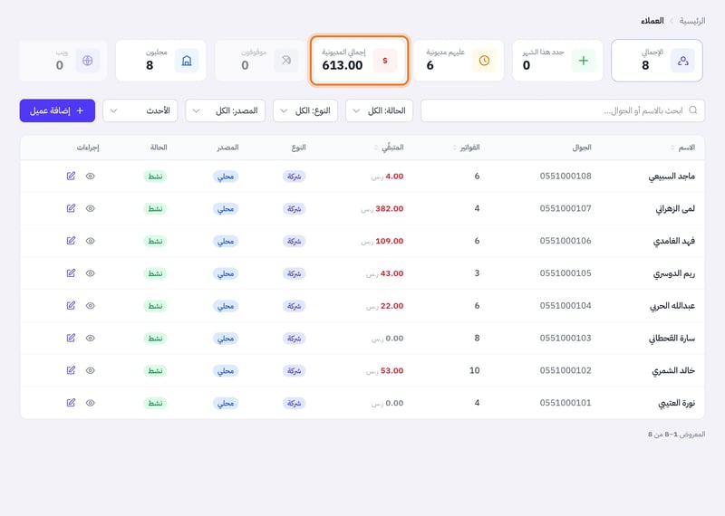 صفحة العملاء وفيها بطاقة إجمالي المديونية وعمود المتبقي لكل عميل بالريال