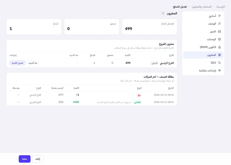 تبويب المخزون في محرر المنتج يعرض الإجمالي المتاح والمحجوز والمباع وجدول مخزون الفروع وبطاقة الصنف بحركتي افتتاحي وبيع