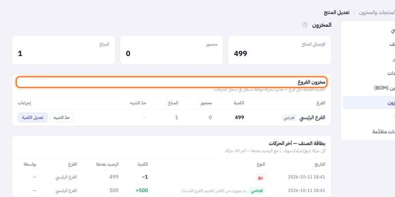 جدول مخزون الفروع يعرض الفرع الرئيسي بوسم افتراضي وكميته والمحجوز والمباع وحد التنبيه