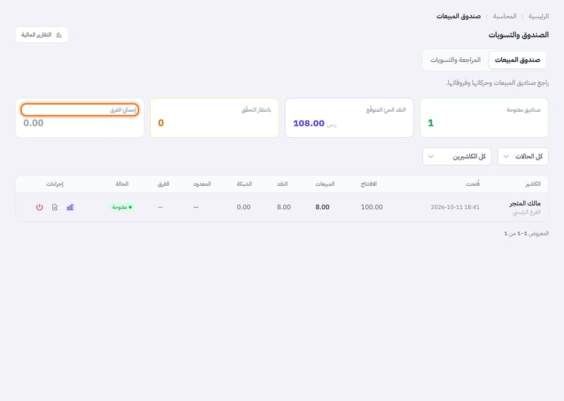 صفحة صندوق المبيعات وفيها بطاقة إجمالي الفرق وجدول الورديات بعمودي المعدود والفرق