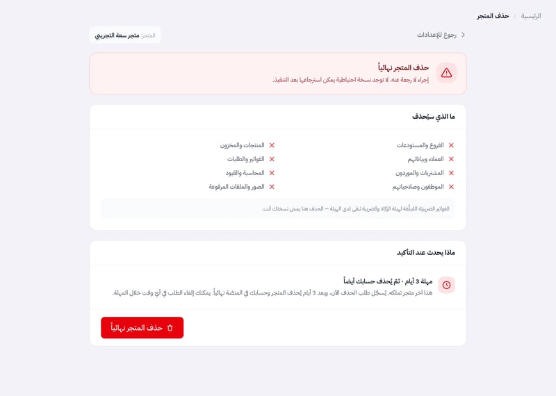 صفحة حذف المتجر فيها قائمة ما سيحذف وشرح ما يحدث عند التأكيد وزر حذف المتجر نهائيا