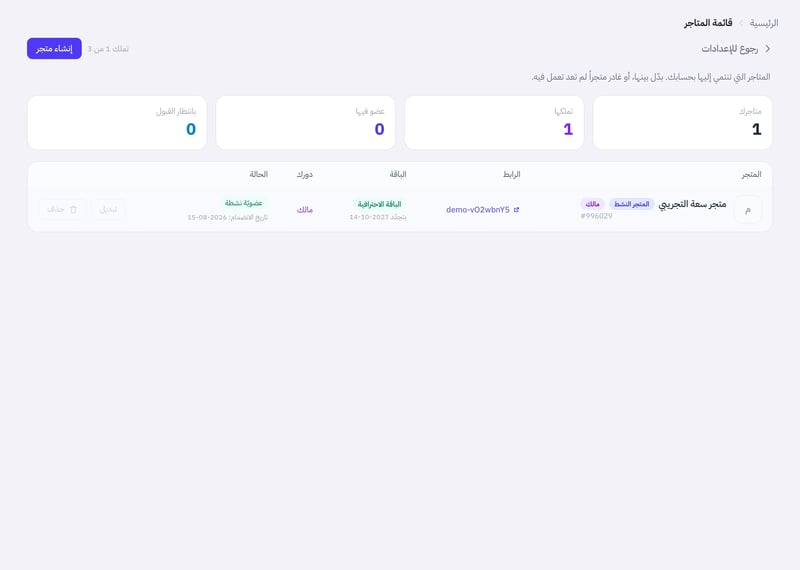 جدول المتاجر بأعمدة المتجر والرابط والباقة ودورك والحالة، وأزرار تبديل وحذف، وزر إنشاء متجر في الأعلى