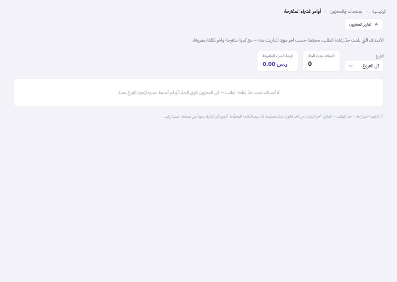 صفحة أوامر الشراء المقترحة تعرض شرح الصفحة واختيار الفرع وعدد الأصناف تحت الحد وقيمة الشراء المقترحة