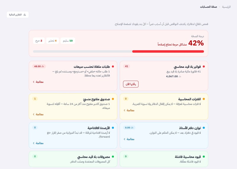 صفحة صحة الحسابات وفيها درجة الصحة بالنسبة المئوية وعدد البنود السليمة والتحذيرات والحرجة، وتحتها بطاقات الفحص ومنها بطاقة فواتير بلا قيد محاسبي وزر رحلها الآن