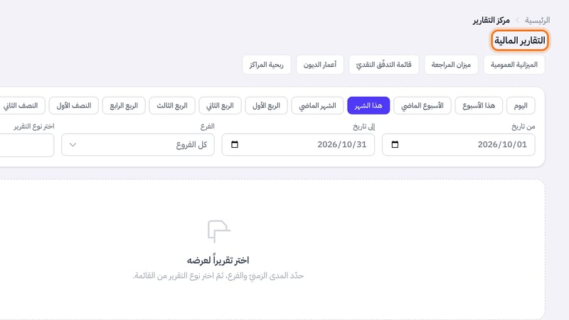 أعلى صفحة مركز التقارير صف التقارير المالية وفيه روابط الميزانية العمومية وميزان المراجعة وقائمة التدفق النقدي وأعمار الديون وربحية المراكز