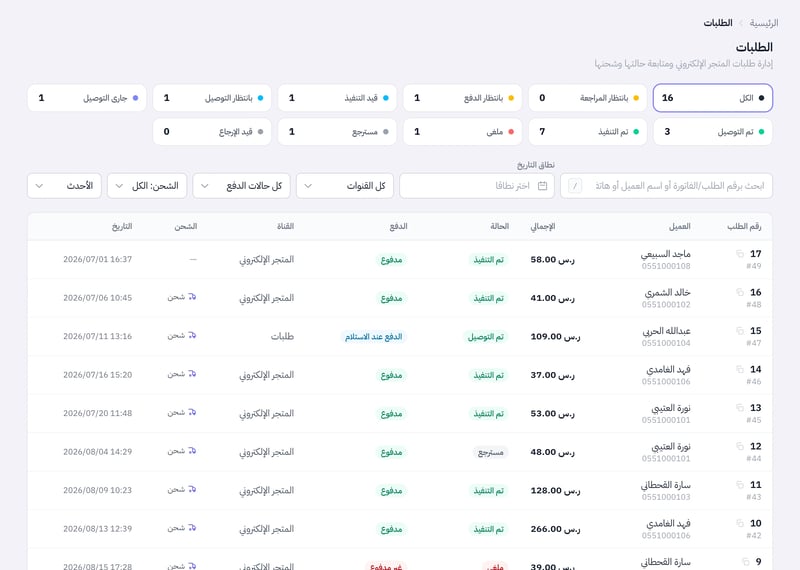 صفحة الطلبات وفيها بطاقات عدد الطلبات لكل حالة وحقل البحث والفلاتر وجدول الطلبات