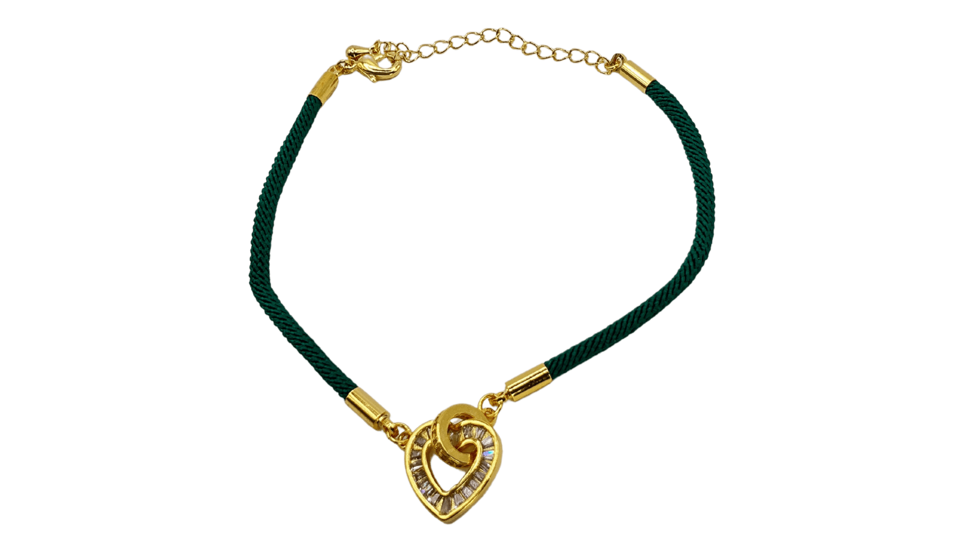 سوار بخيط أخضر قلب لون ذهبي مرصع