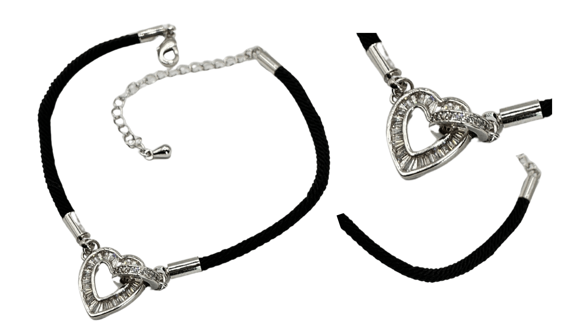 سوار بخيط اسود قلب لون فضي مرصع