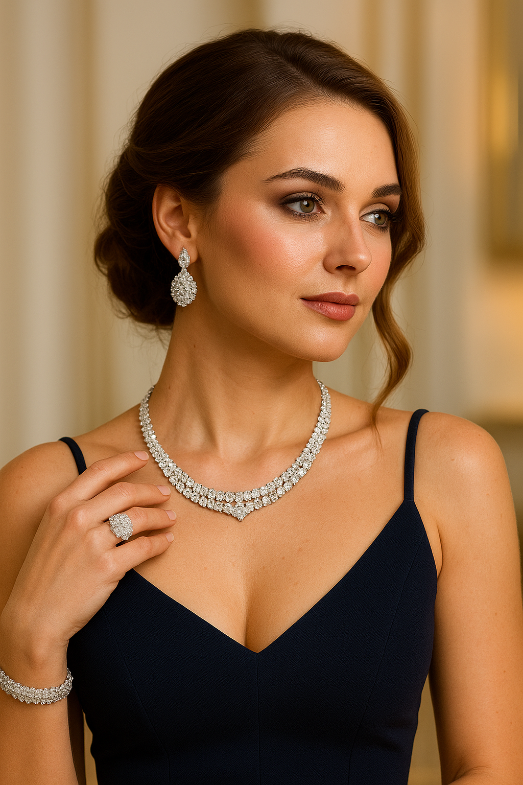 طقم زركون فاخر 4 قطع – تصميم متلألئ بلون الذهب الأبيض – عقد وأقراط وخاتم وسوار