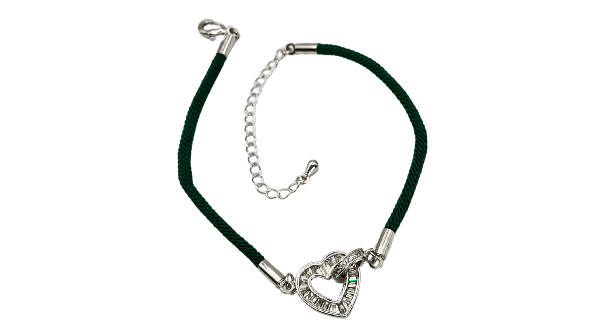 سوار بخيط أخضر قلب لون فضي مرصع