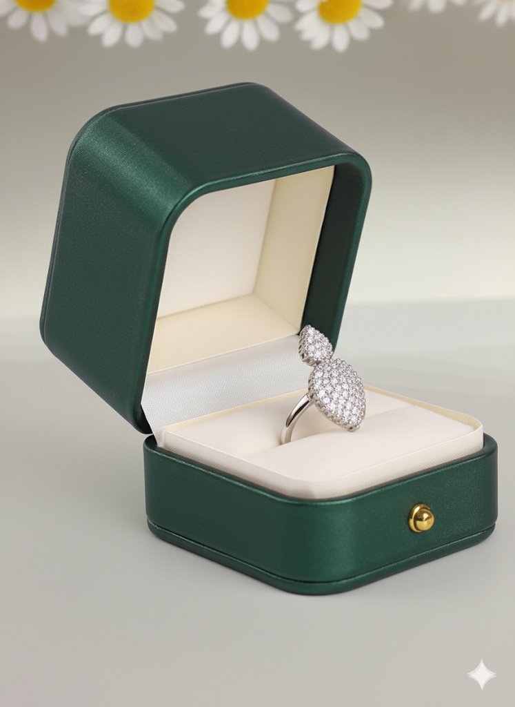 خاتم قطرة البريق المزدوج لون فضي مرصع بالزركون