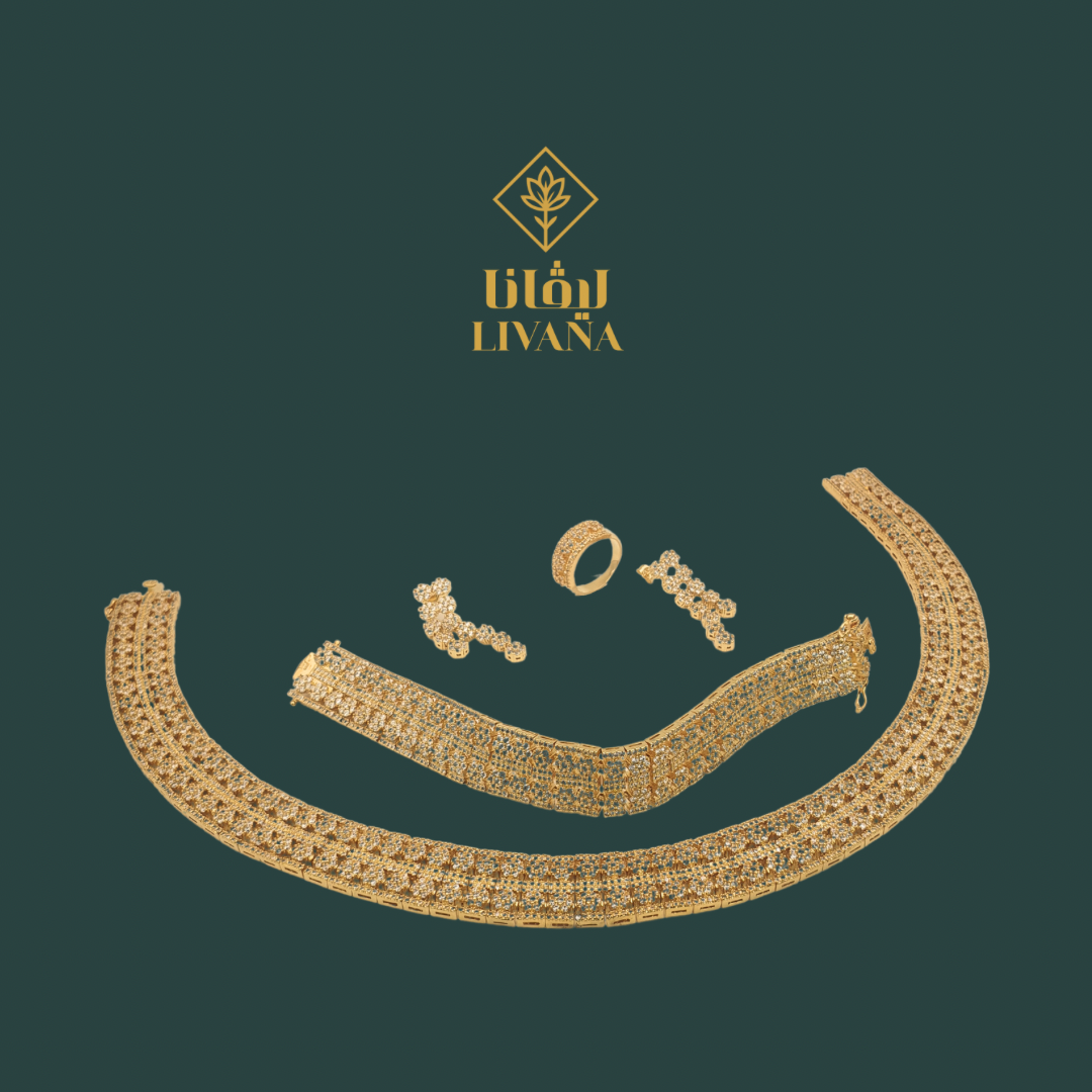 💎 طقم زفاف زركون ذهبي فاخر 4 قطع – ترصيع بافيه كثيف (Pave Setting) – عقد ملكي وأقراط وسوار