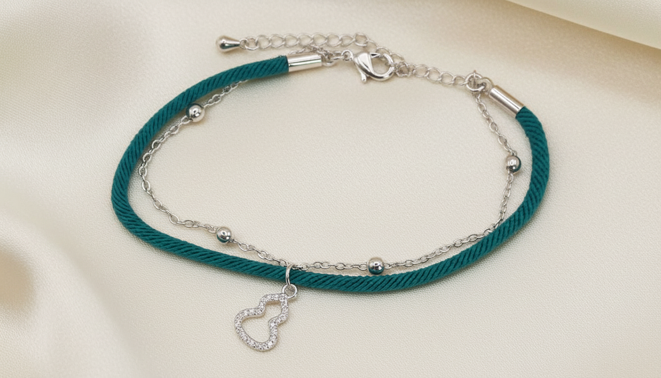 اسوارة خيط متعددة الالوان بلمسة ذهبية وفضية وتعليقة دمعة مرصعة بالكريستال