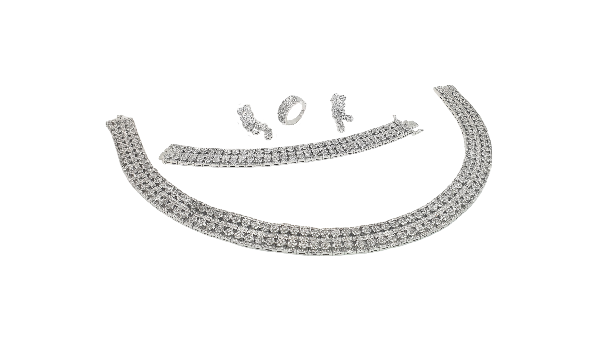 💎 طقم مجوهرات زركون فاخر 4 قطع – ترصيع بافيه كثيف (Pave Setting) – عقد زفاف ملكي مطلي بالروديوم